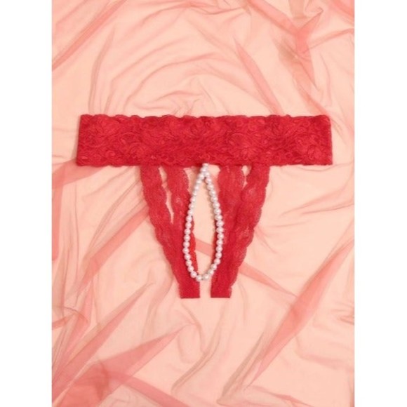 3 for $20 Plus Size Red Floral Lace Pearls Crotchless Thong Panty - Picture 3 of 5